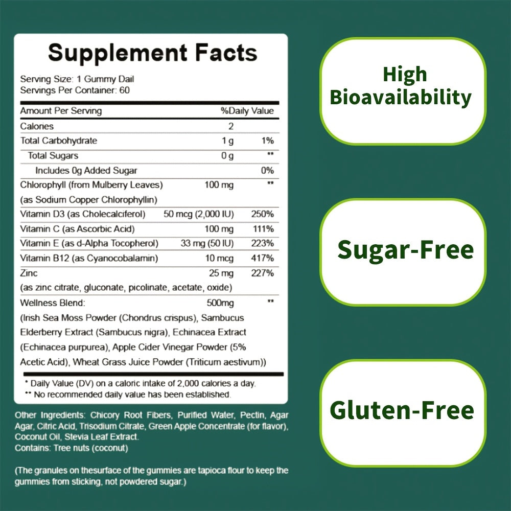 Ftsall Chlorophyll Gummies with Vitamin C, D3, E, B12, Zinc and lrish Sea Moss, Sambucus Elderberry, Echinacea, Apple Cider Vinegar, Freshens Breath Natural Body Deodorizing Supplement, Chlorophyll Herbal Gummies for Women Me