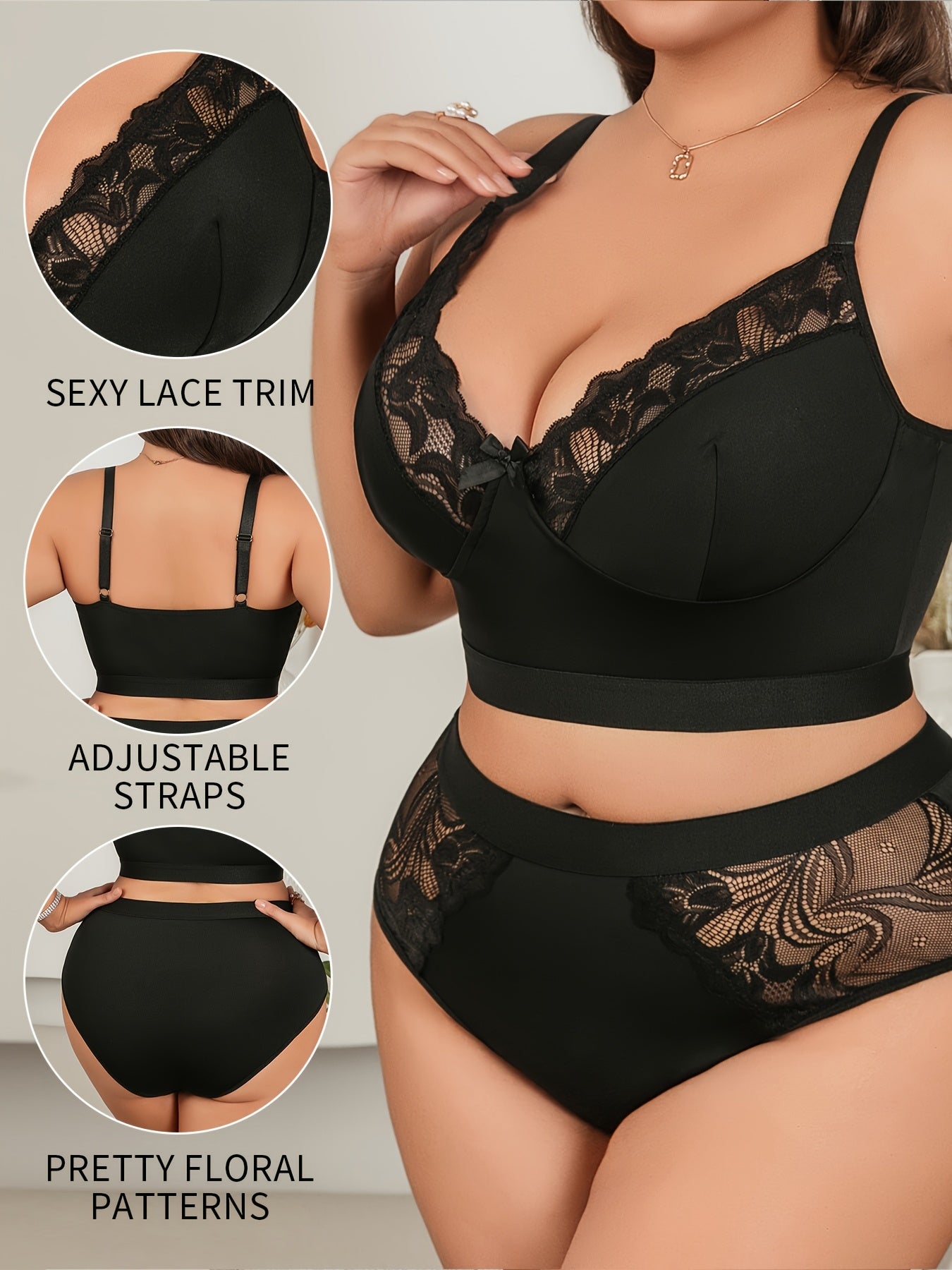 Plus Size Sexy Lace Lingerie Set Lace Lace Neckline Bowknot Backless Bra Sexy Semi-Sheer Temptation Erotic Lingerie Panties Two Sets