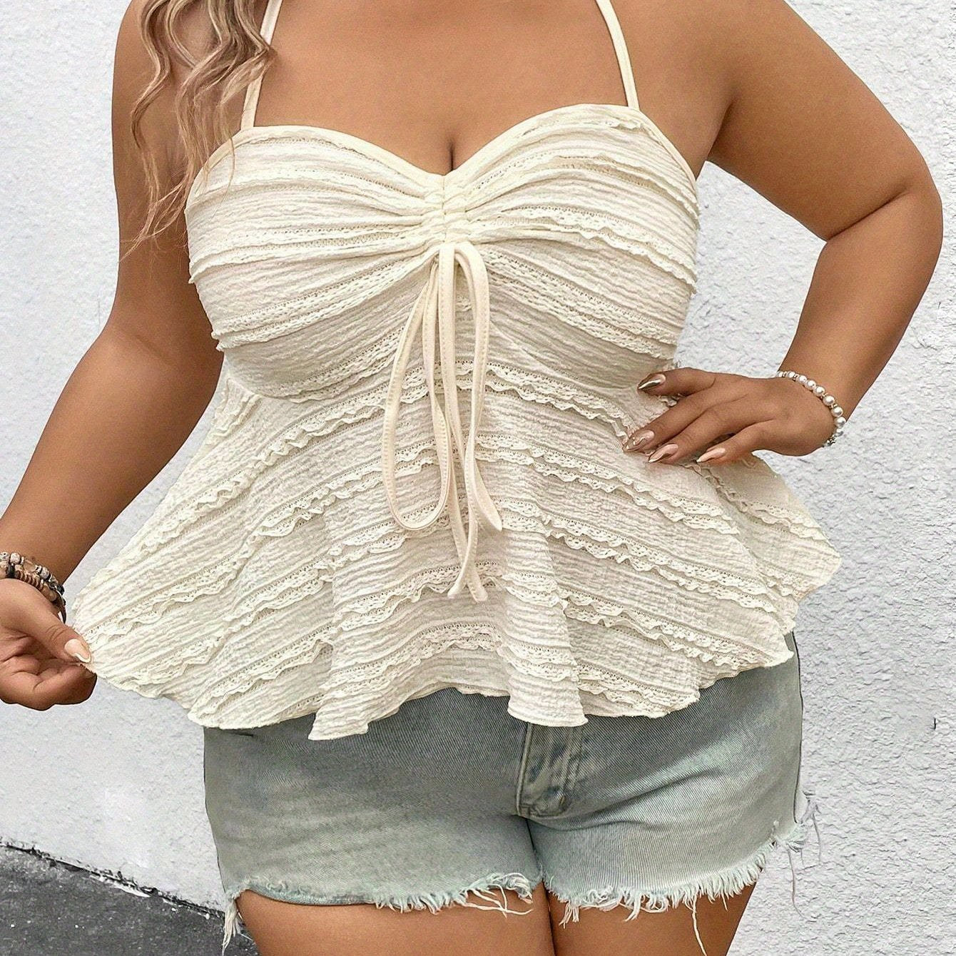 Women's Plus Size Halter Neck Top - Adjustable Front Tie-Up Detail, Lightweight Lace-Like Texture, Solid Color Elegant Summer Casual Chic Blouse, Machine Washable, Versatile Blouse, Feminine Style, Breathable Fabric, Lace Blo