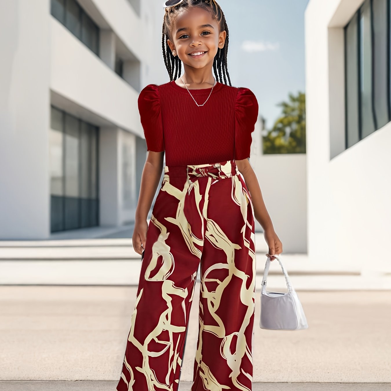 Bubble Sleeve Fashion Simple Top & Stylish Floral Print Wide Leg Pants, Girls' Long Trousers Set, Children's Casual Fashion Wide Leg Outfit Suitable for Ages 3 and Up, Perfect for Outdoor
