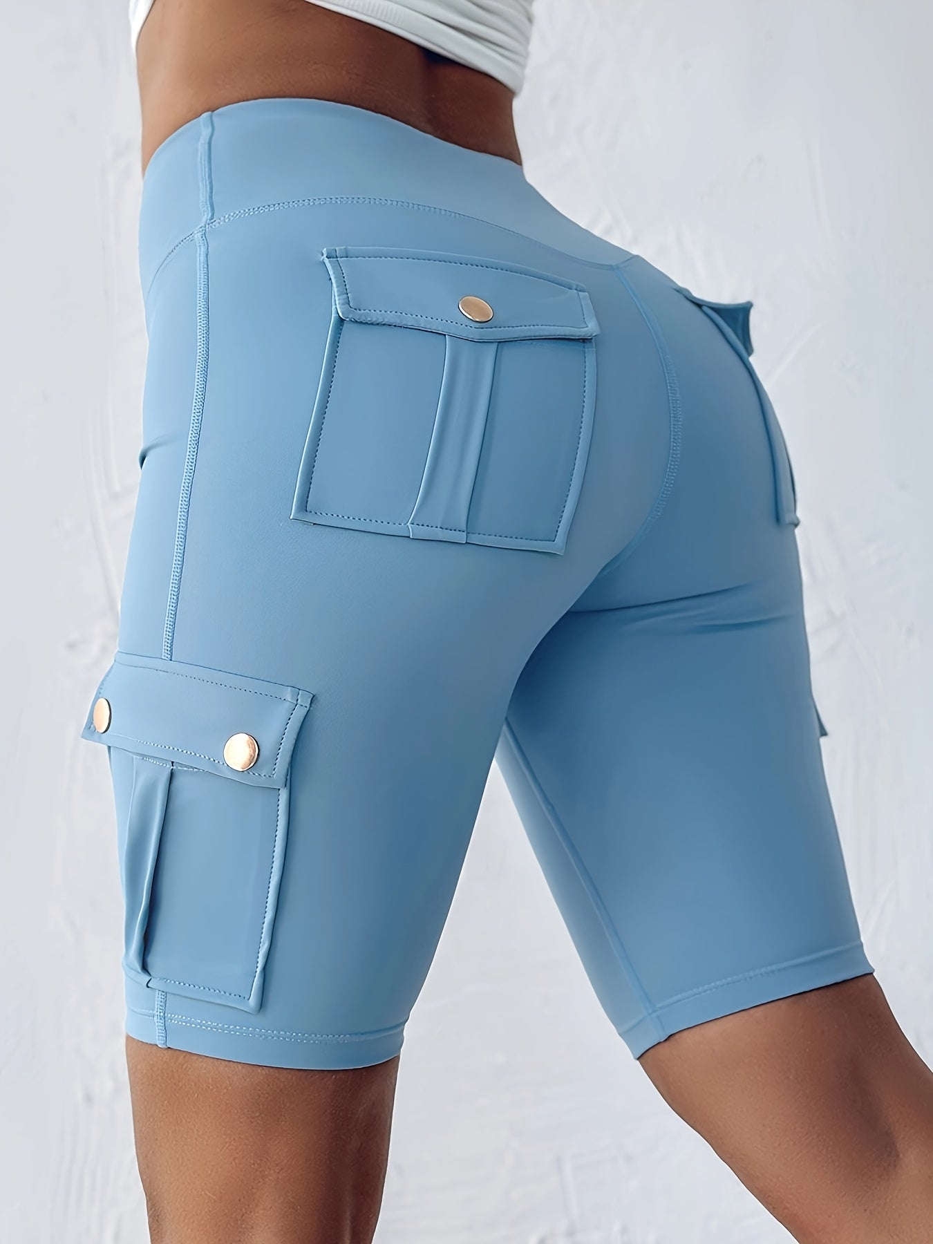 Women's High-Waisted Tummy Control Butt-Lifting Shorts with Flap Pockets - Breathable Summer & Casual Bermuda Cargo Shorts, Machine Washable Solid Black, High Waisted Shorts