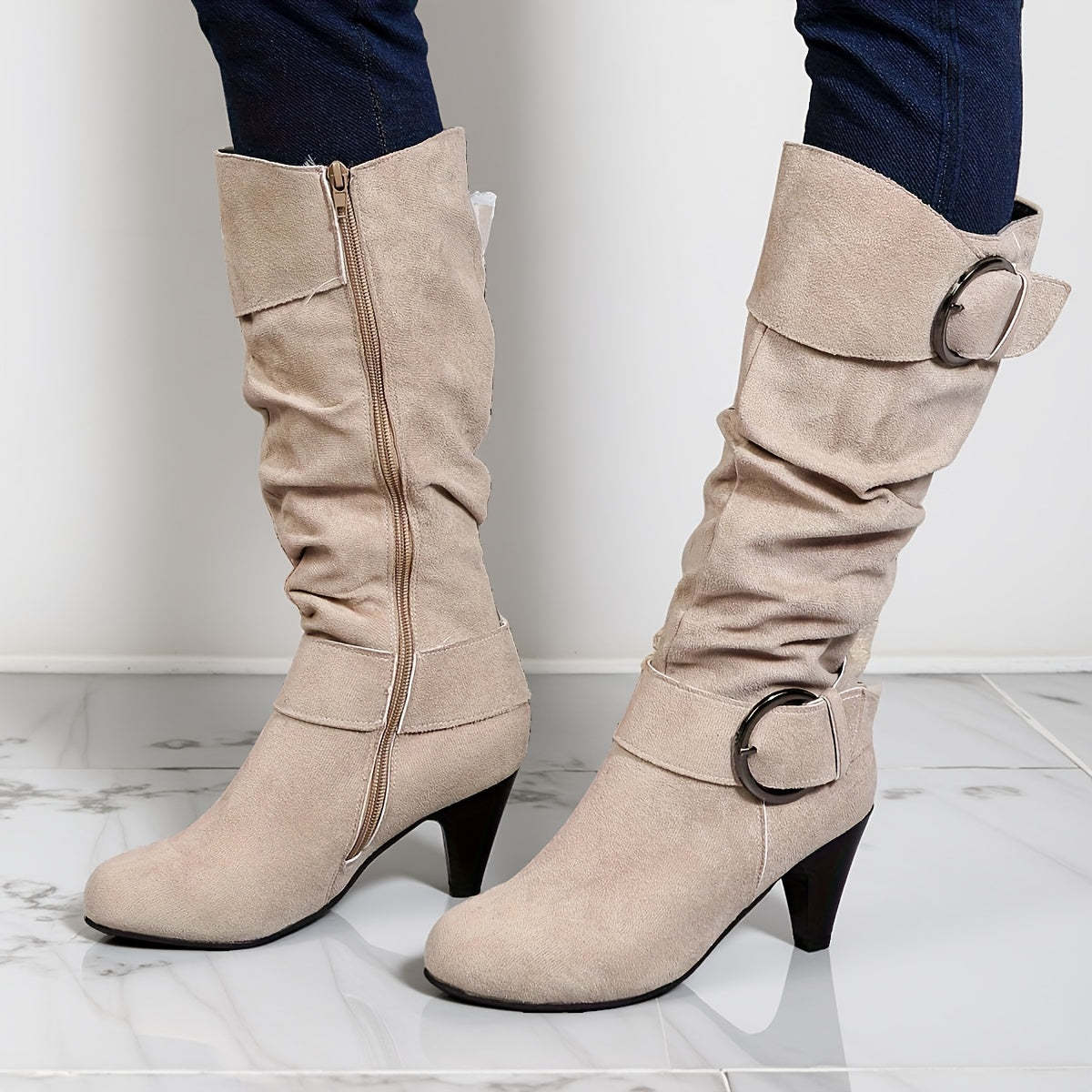 Women'S Beige Faux Cover Ankle Boots with Buckle Straps & Side Zipper - 2.76inch Chunky Heel, Round Toe Comfort for Fall, Versatile for Casual & Formal Outfits, High Heel Boots, Versatile Ankle Boots, Sleek Boot Design, Fabri