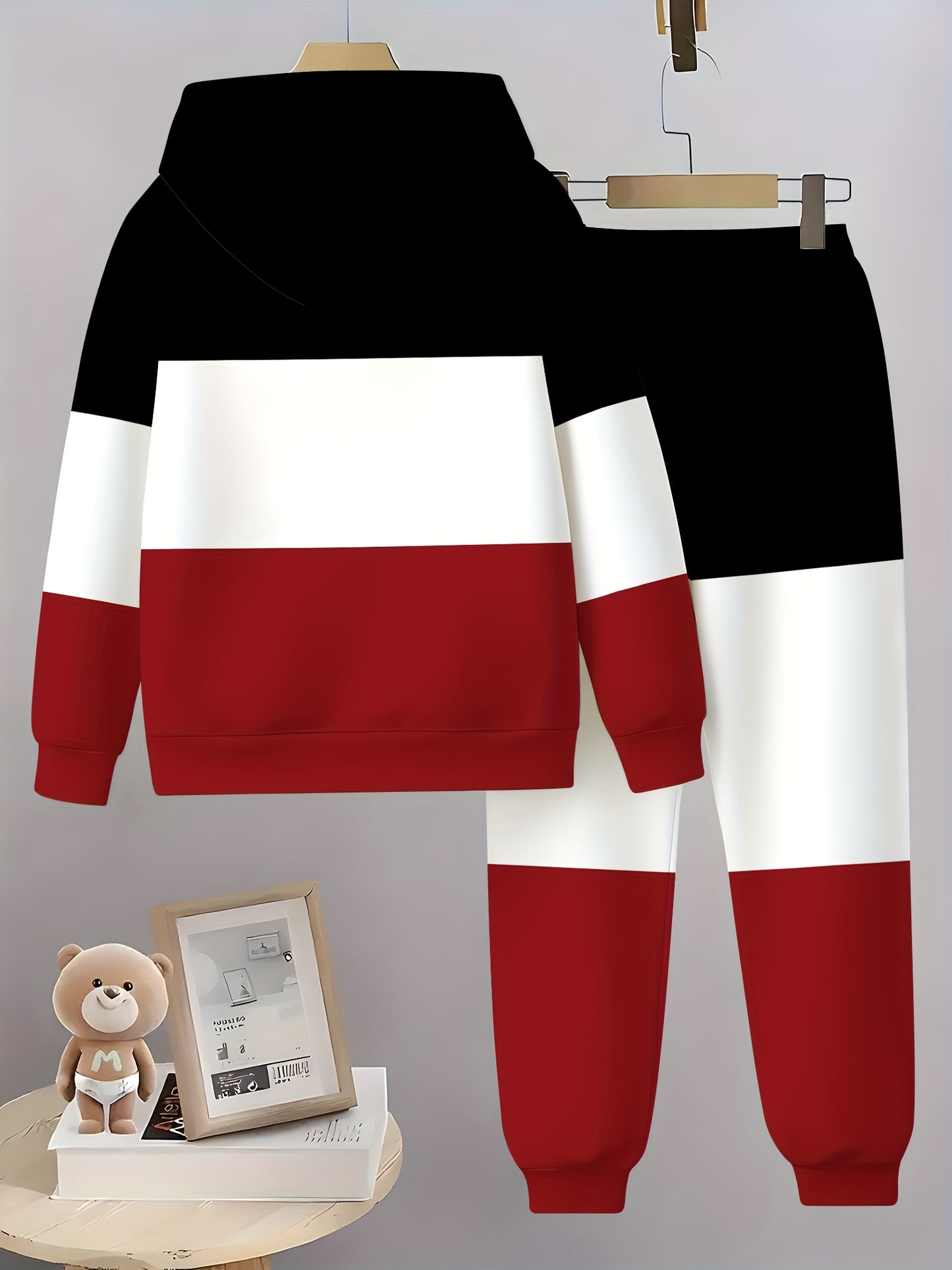 Boys' 3D black, white, and red striped print regular tracksuit suit for the spring and fall back-to-school season - hoodie and casual pants suit for children 13 and under, outdoor activities, sweatshirts and sweatpants, Perfe