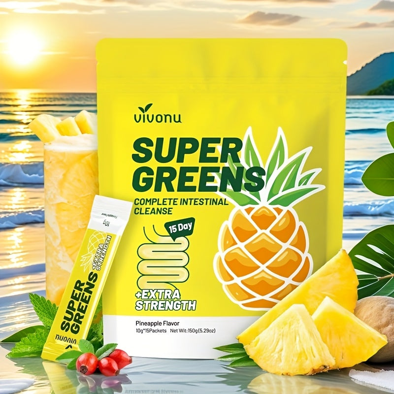 Super Greens | Pineapple Powder | Colon Cleanse And Digestive Support | Support Gut Health I Natural Sweetener No Artificial Flavors | Daily Fiber To Eliminate Toxins And Reduce Bloating (15 Servings/1 Bag)