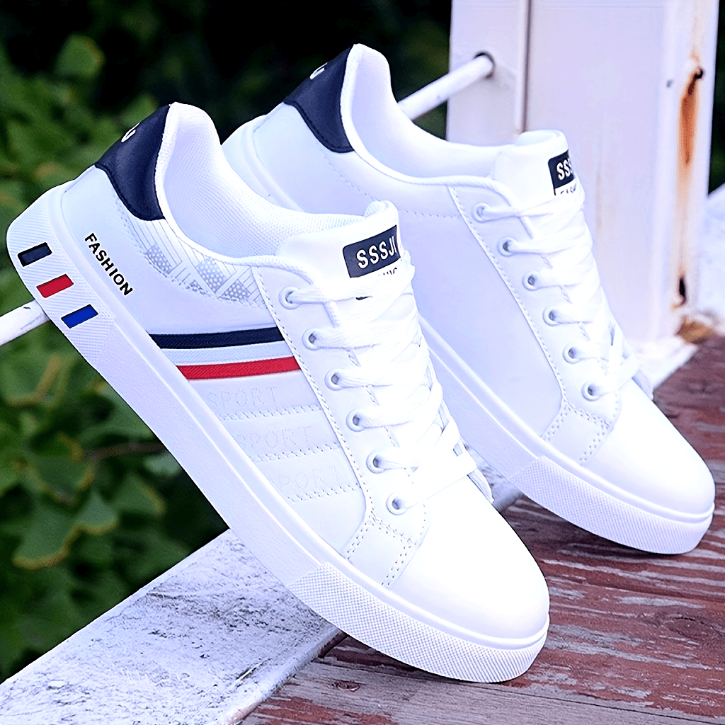 NVSHIXIUXIANPINGDI Women's Casual Flat Sneakers - Sporty White with Blue & Red Stripe, Lace-Up, Lightweight EVA Material, All-Season Comfort Shoes, Cute Shoes