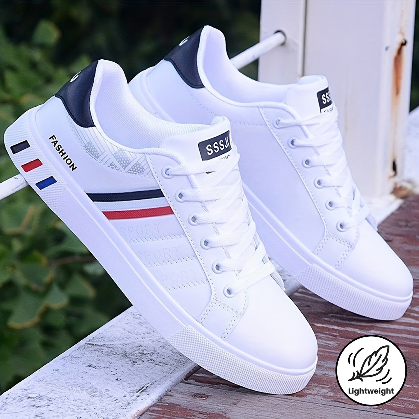 NVSHIXIUXIANPINGDI Women's Casual Flat Sneakers - Sporty White with Blue & Red Stripe, Lace-Up, Lightweight EVA Material, All-Season Comfort Shoes, Cute Shoes