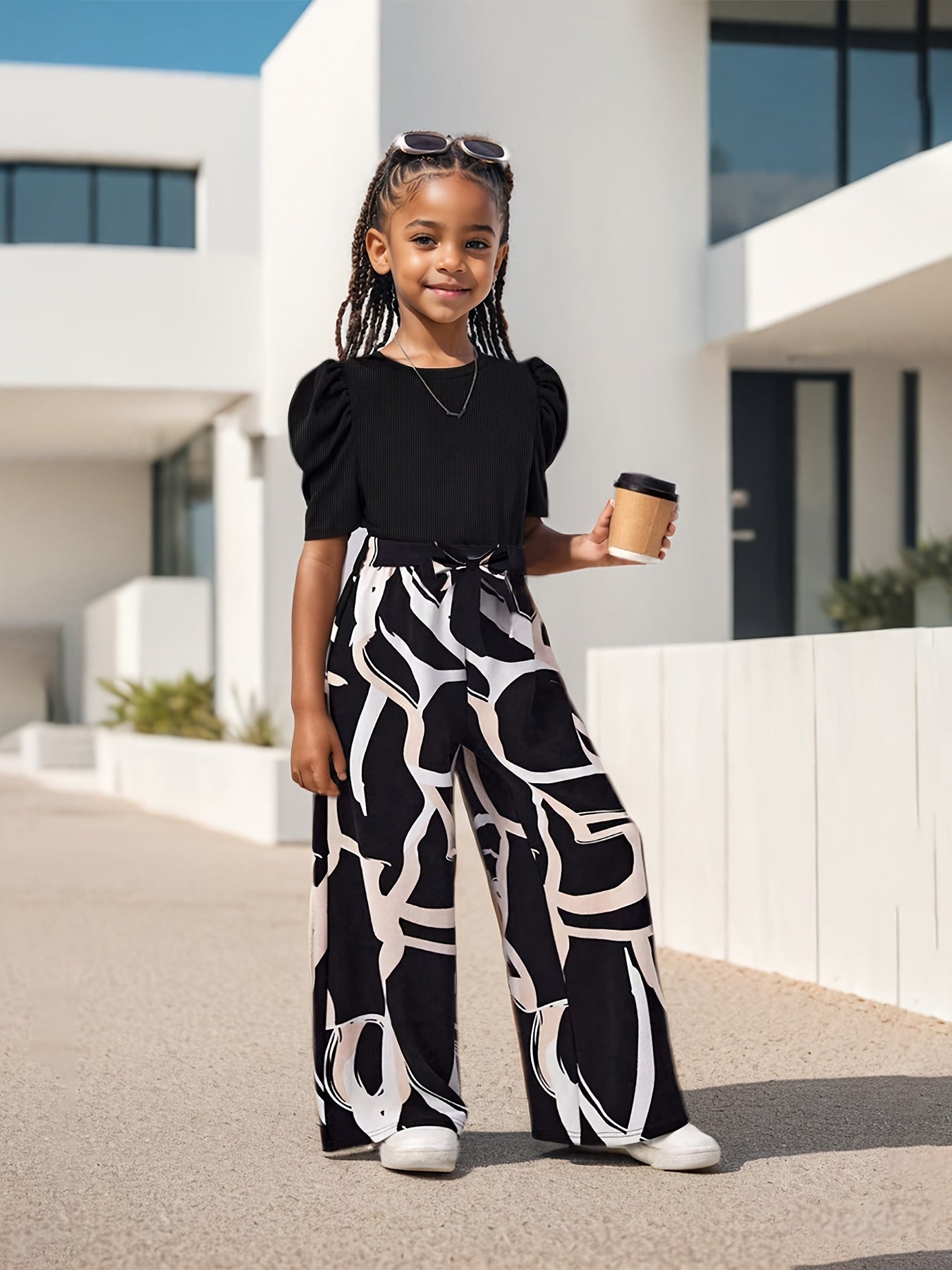Bubble Sleeve Fashion Simple Top & Stylish Floral Print Wide Leg Pants, Girls' Long Trousers Set, Children's Casual Fashion Wide Leg Outfit Suitable for Ages 3 and Up, Perfect for Outdoor