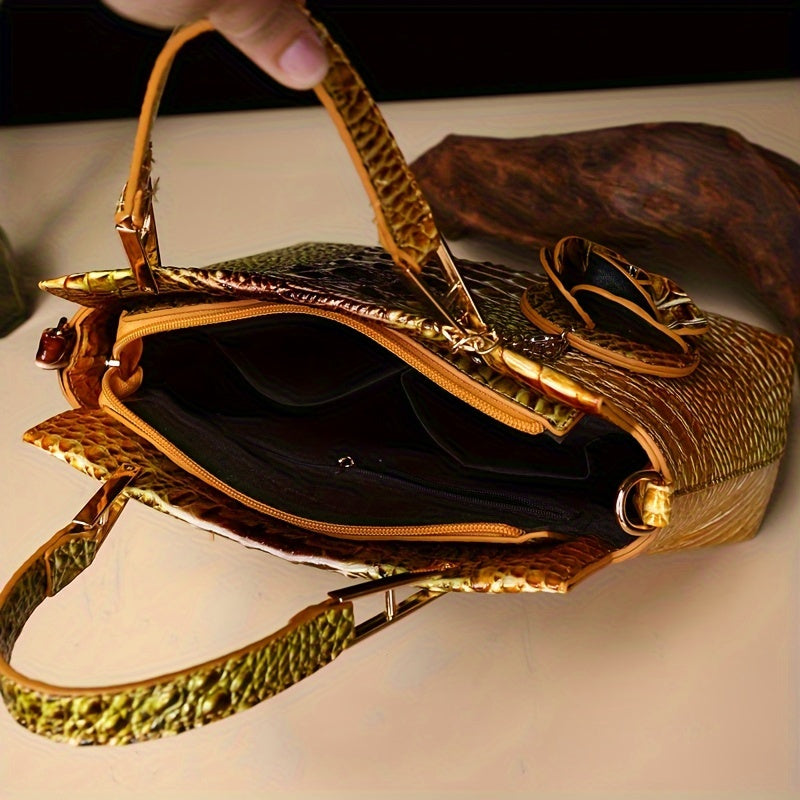 2pcs Crocodile Print Handbag Set - Fashionable Vintage Style, Multi-Functional Top Handle Crossbody, Business Clutch & Coin Purse - Spacious, Secure, Ideal for Everyday Chic