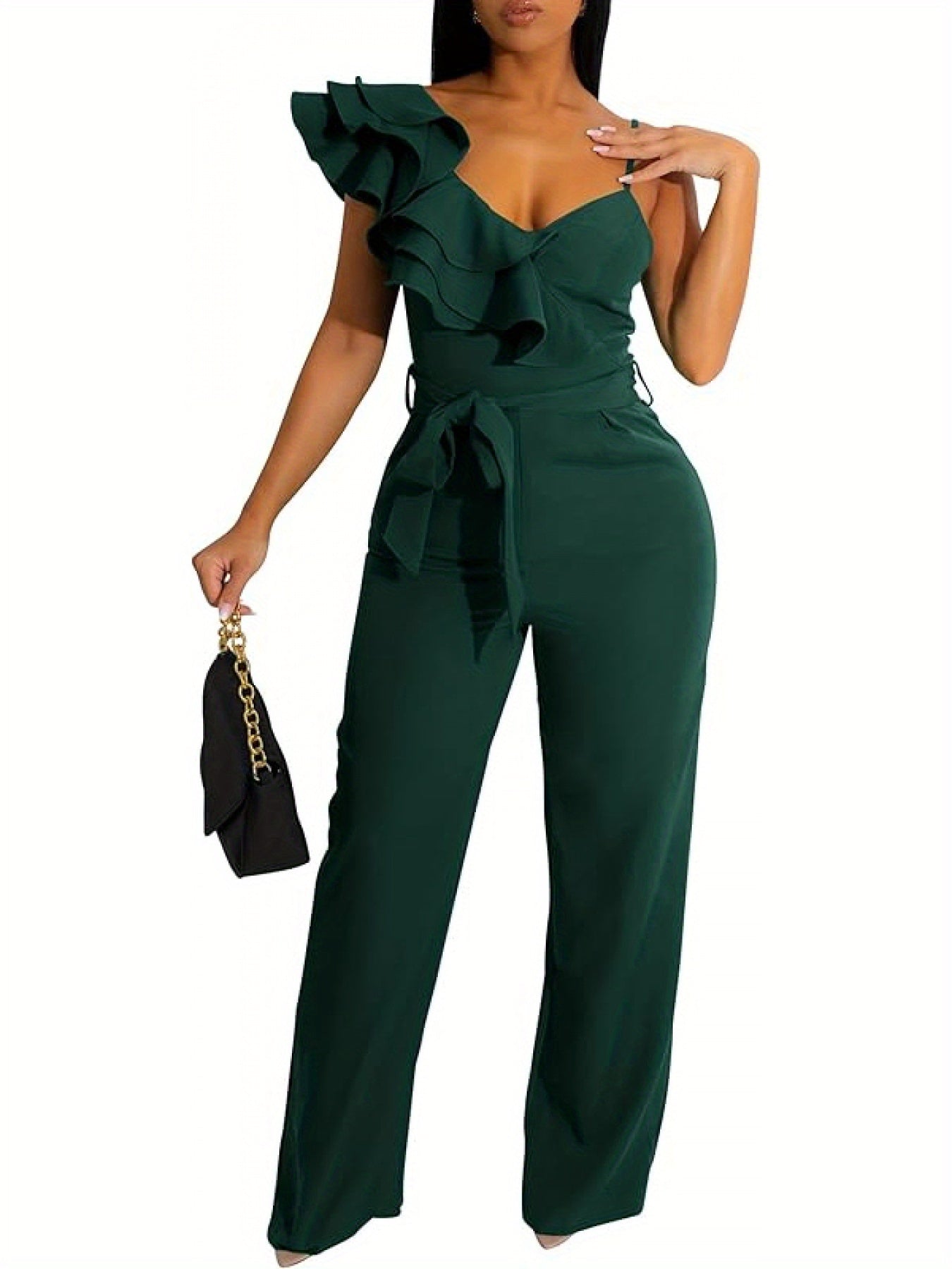 Women'S Casual Jumpsuit V Neck Sleeveless One Shoulder Ruffle Halter Backless Drawstring Wide Leg Pants Sexy Bodysuit Party Club Costume
