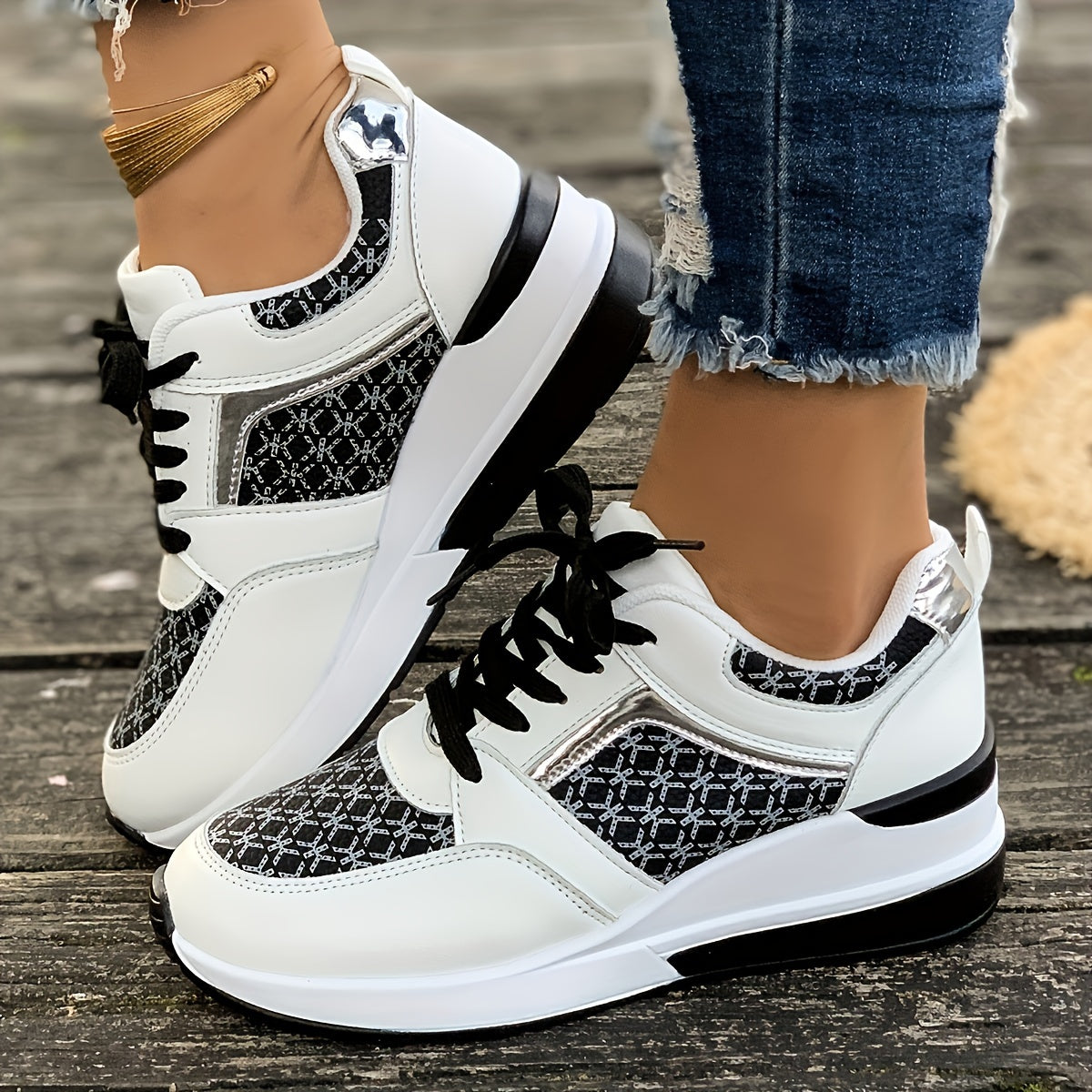 Women's White Wedge Sneakers with Black Geometric Print - Height-Increasing Lace-Up Low-Top Casual Shoes, Synthetic Cover Upper & PU Sole, Fabric Lining for Autumn Fashion, Ladies Sneakers, Stylish Laceups, Durable Pu Sole