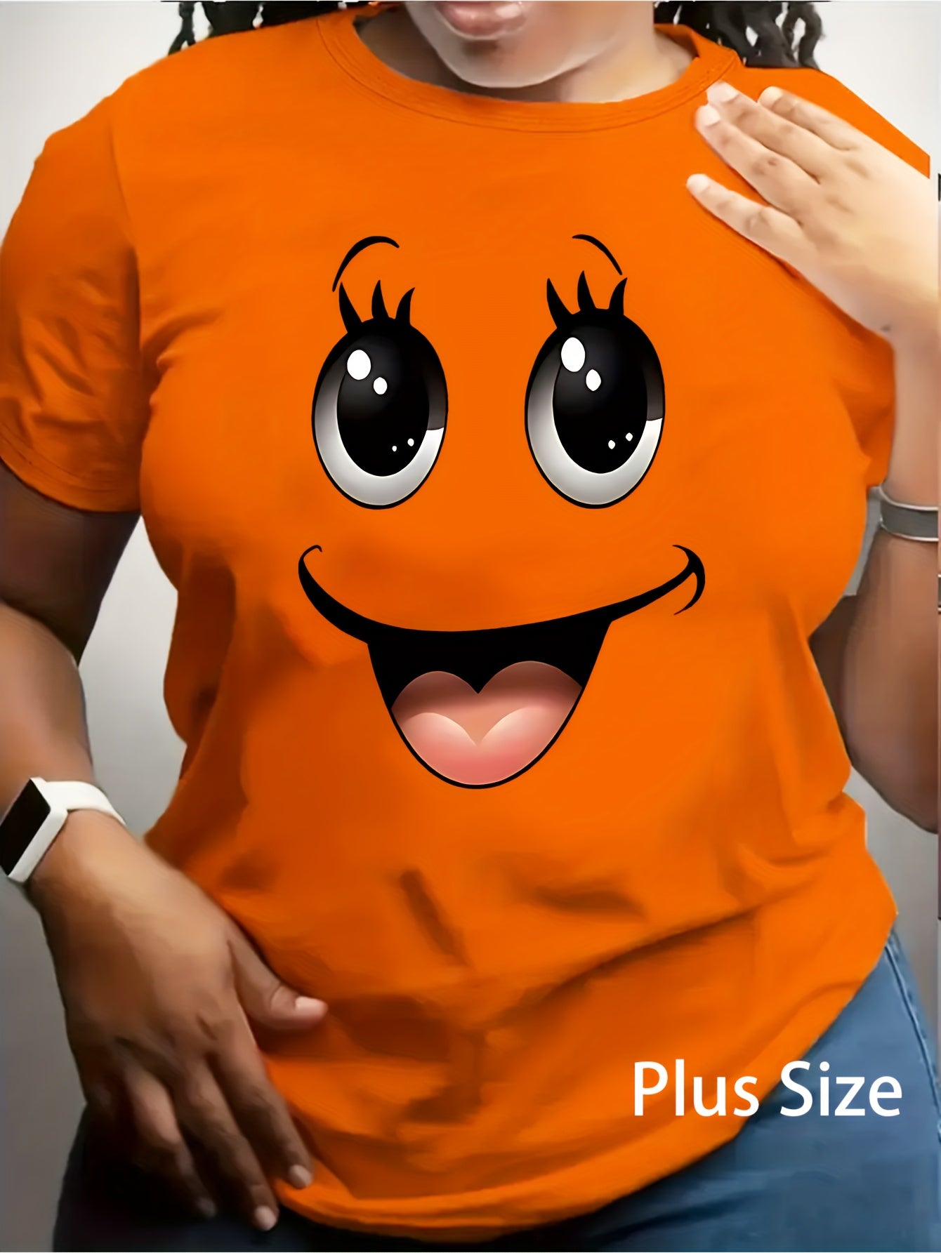 Plus Size Women'S T-shirts Big Eyes joyful Face Print Short Sleeve Crew Neck Casual Top For Spring & Summer Women'S Clothing Black/Pink/Orange T-Shirt Lady Summer Party Daily Wear Tee