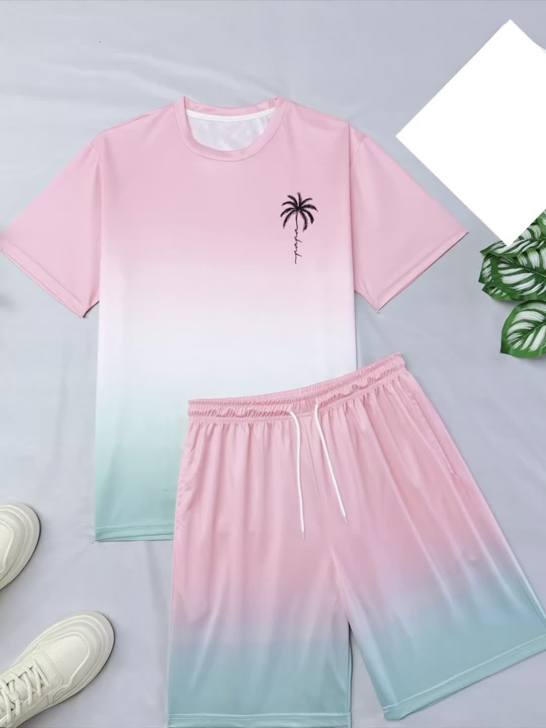 Men'S Fashionable Sports Suit, Casual Round Neck T-shirt And Shorts, 100% Polyester Fiber, Full Coverage Printing, Micro Elasticity, Regular Style, Summer Hoodie|mens 2pcs Outfits