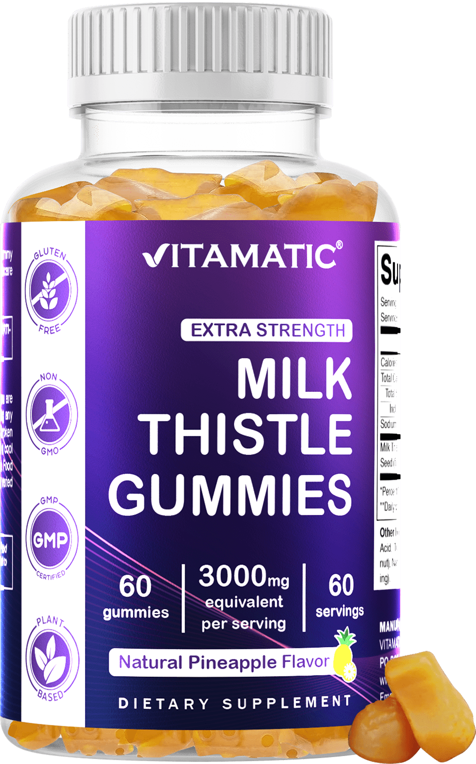 Vitamatic Milk Thistle Gummies - 3000 mg Equivalent - Min. 80% Silymarin Flavonoids - 60 Pectin Based Gummie
