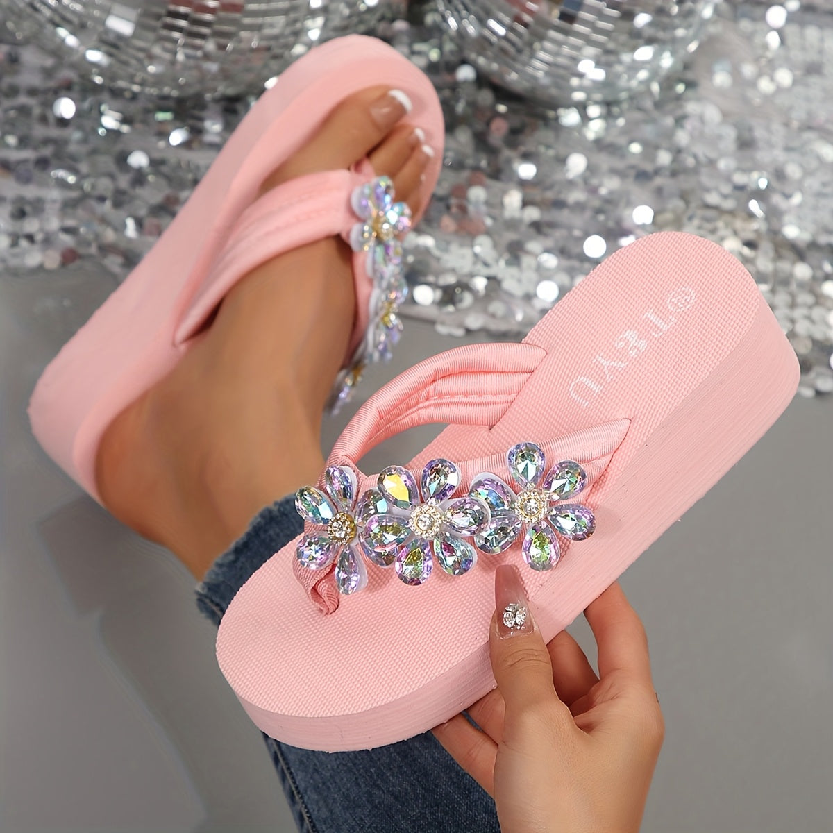 Women's Rhinestone Floral Slip-On Sandals - Thick EVA Sole Mid-Heel Slide Shoes with Elastic Ankle Strap, Lightweight Summer Beach Vacation Footwear for Casual Outings, Strappy Sandals, Glittering Shoe Design, Slipon Construc
