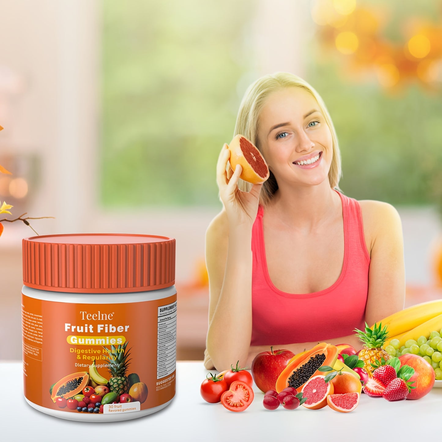 Teelne Fruit Fiber Gummies for Digestive Health & Detox - 30ct, 3g Each, Prebiotic Fiber with Apple & Citrus Bioflavonoids, Allergen-Friendly, Supports Regularity & Immune Function, Gut Health Support | Gummy Supplement | All