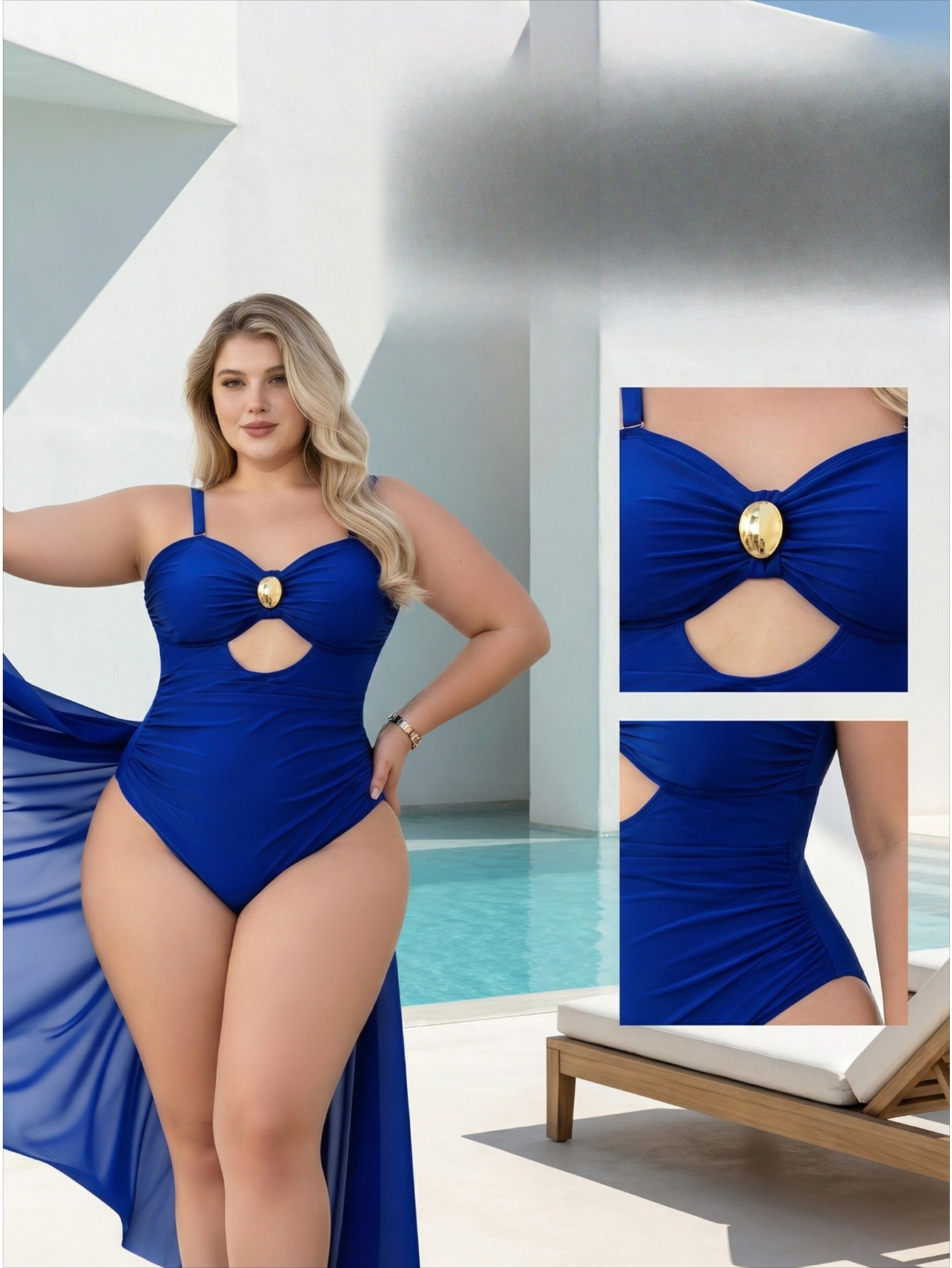 Navy Blue Plus Size One-Piece Swimsuit with Mesh Long Skirt, Metal Buckle Hollow Out Tummy Control Swimwear, Essential for Vacation Beach Hot Spring