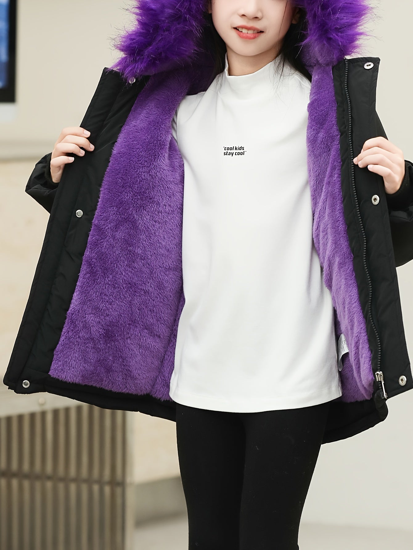 Girl's Chic Furry Collar Long Sleeve Parka Jacket, Comfy Plush Lined Warm Long Sleeve Outerwear