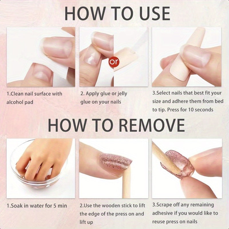 24pcs Square Press on Nails Rhinestone Fake Nails Glossy Nude Glue on Nails Full Cover False Nails Reusable Acrylic Nail Kit Cute Artificial Stick on Nails for Women DIY Manicure Decorations