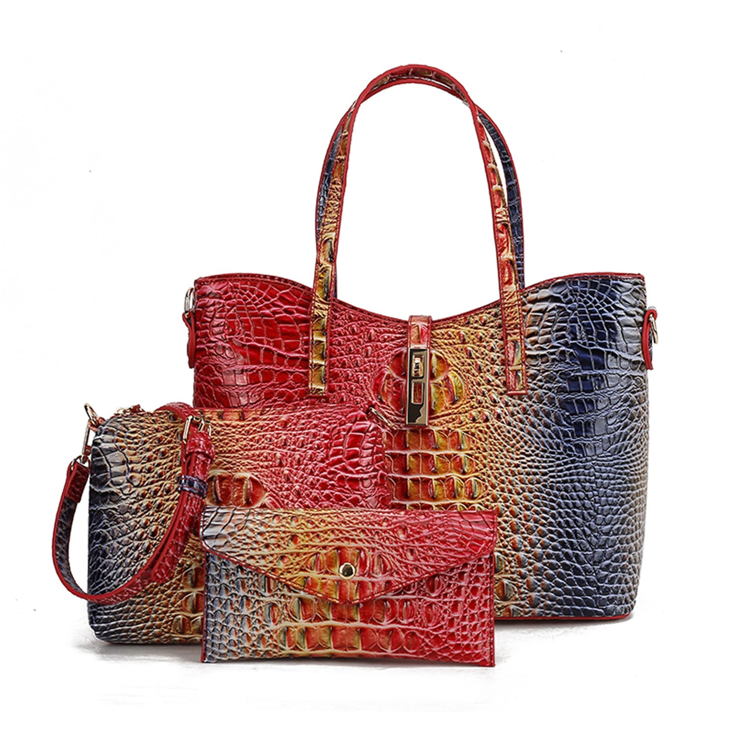 3pcs Set: Colorful Crocodile Pattern Large Capacity Faux Leather Tote & Crossbody Bags With Matching Wallet Combo, Christmas, Mother'S Day Gifts, Halloween Gifts