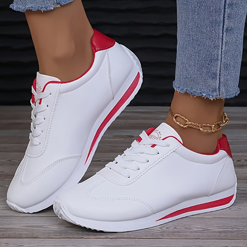 2025 New Women's Low-Top Skateboard Sneakers - Breathable Synthetic Cover & Fabric Upper, Comfortable Rubber Sole, White with Red Accents - Sporty Casual Shoes for All-Season Outdoor Wear, Skate Shoes, Sleek Sneaker Design, F