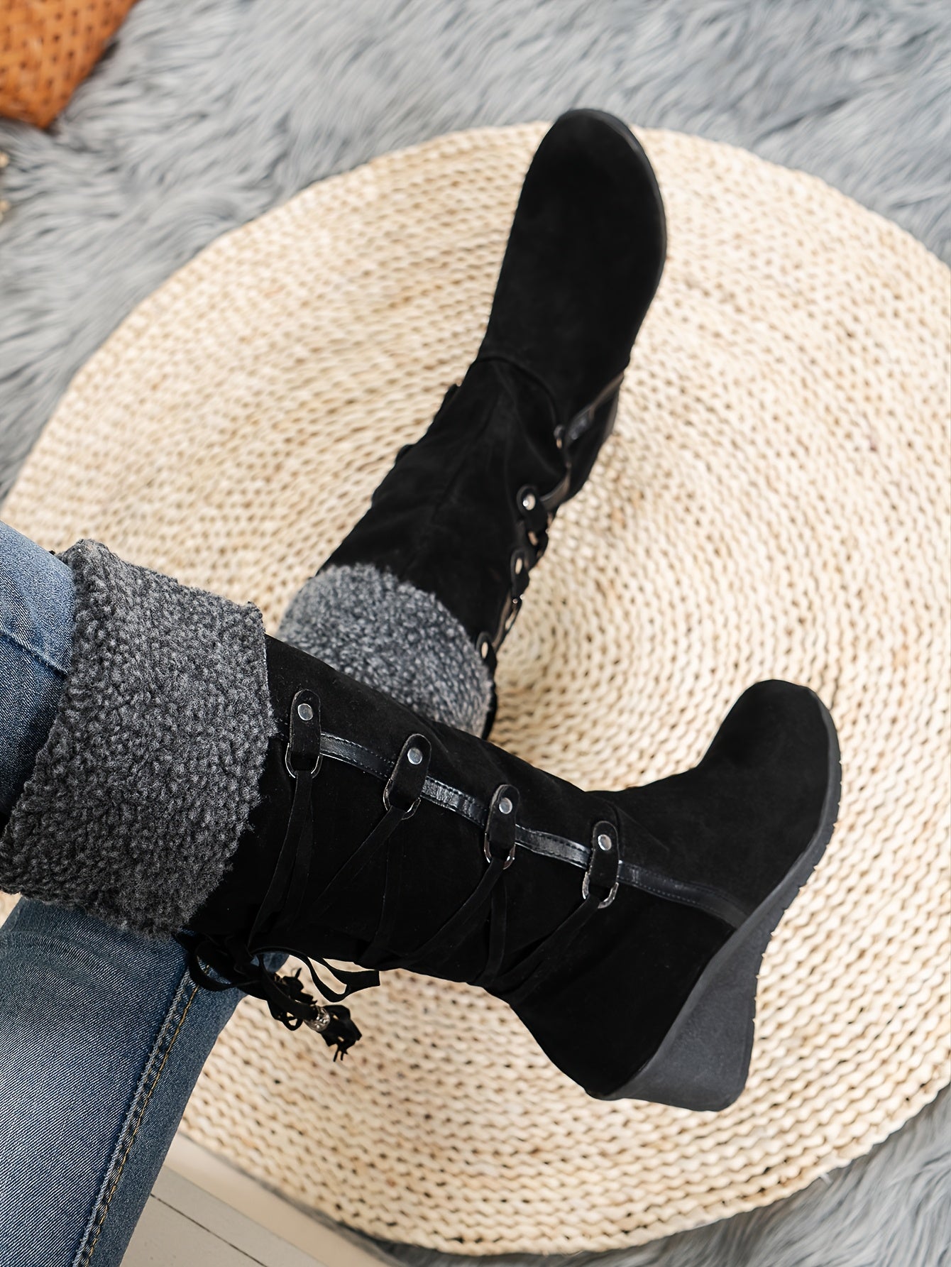 Women's Comfortable Black Mid-Calf Boots - Cozy Fabric Lining, Non-Slip Rubber Sole, Side Zipper, Tassel Accents for Stylish Winter Warmth