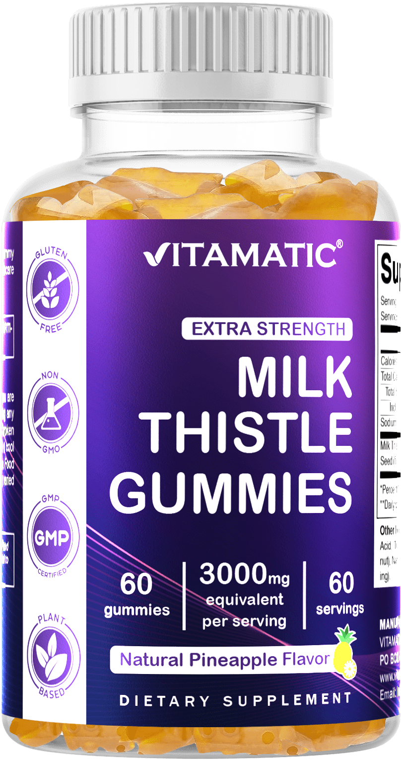 Vitamatic Milk Thistle Gummies - 3000 mg Equivalent - Min. 80% Silymarin Flavonoids - 60 Pectin Based Gummie