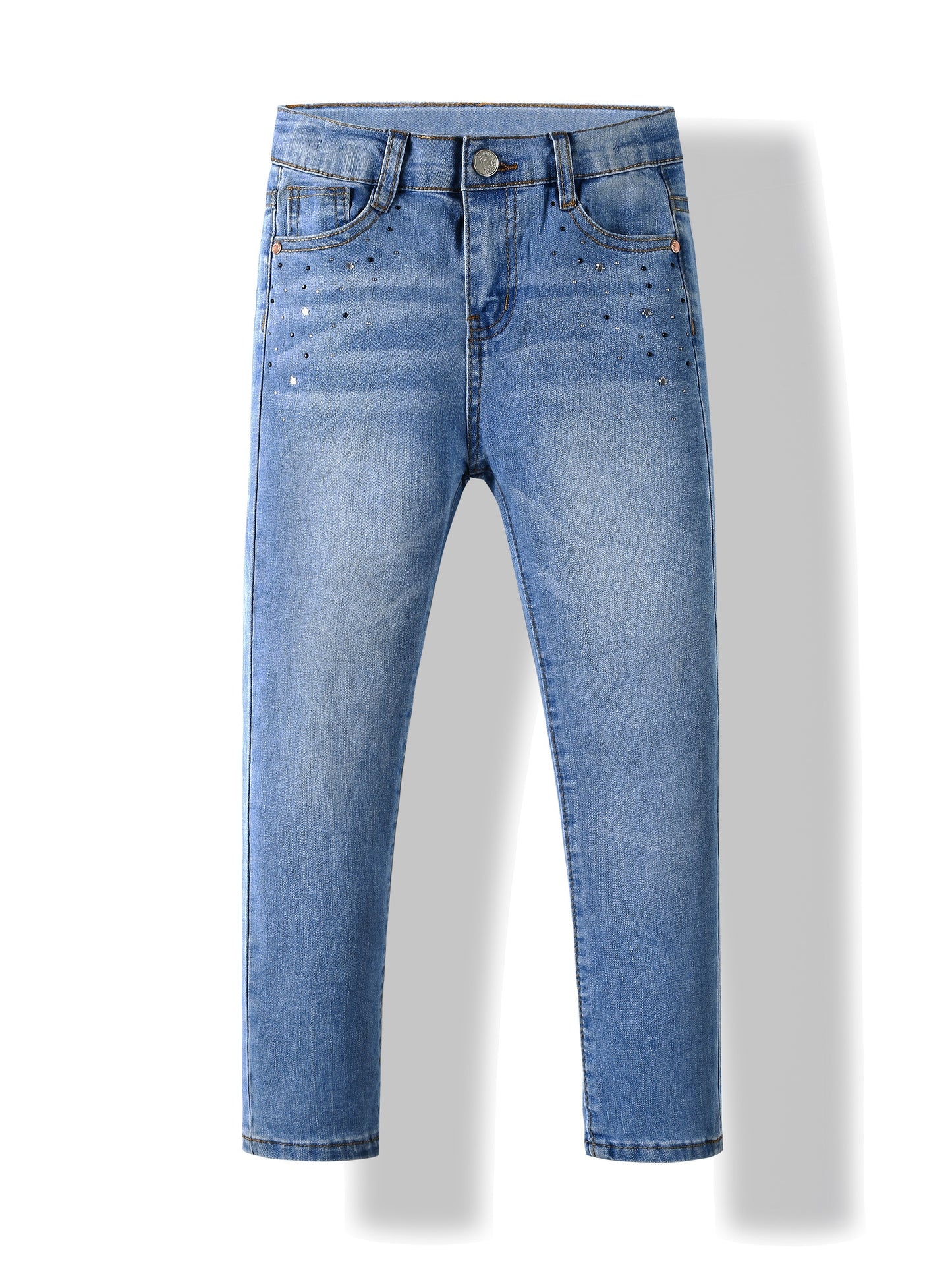 Girls' Rhinestone Embellished Stretch Denim Jeans - Cute & Comfortable Regular Fit with Elastic Waistband, All-Season Casual Wear for Kids, Cute Jeans, Kids Fashion, Comfortable Kids Wear