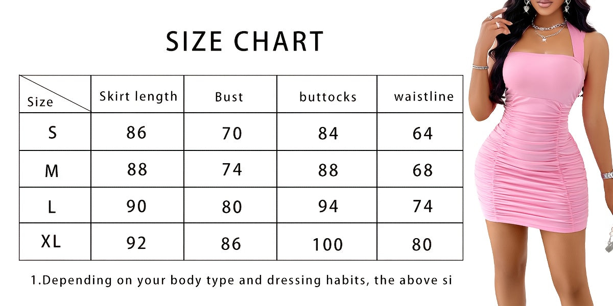 Elegant Women's Pink Halter Neck Ruched Bodycon Dress - Sexy Backless Design, Polyester And Elastane Blend, Perfect for Spring/Summer/Fall Events, Party Wear DressRuched ElegantShiny Texture