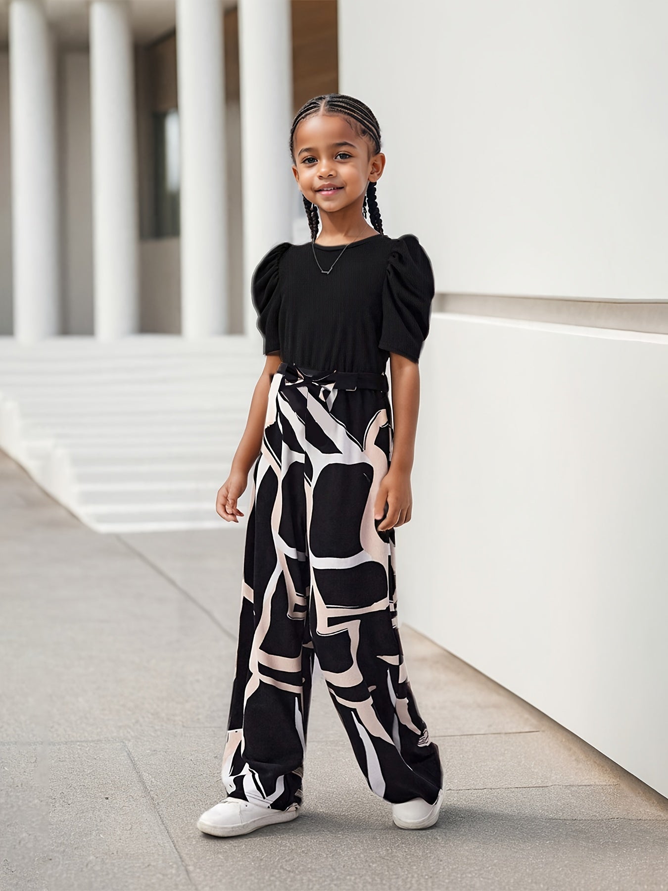Bubble Sleeve Fashion Simple Top & Stylish Floral Print Wide Leg Pants, Girls' Long Trousers Set, Children's Casual Fashion Wide Leg Outfit Suitable for Ages 3 and Up, Perfect for Outdoor