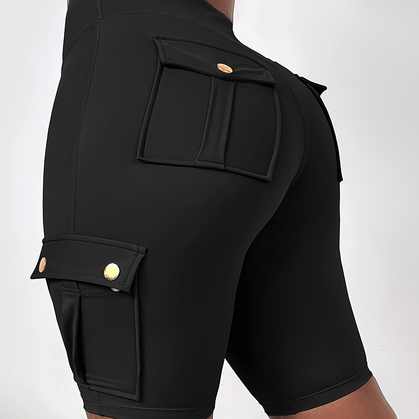 Women's High-Waisted Tummy Control Butt-Lifting Shorts with Flap Pockets - Breathable Summer & Casual Bermuda Cargo Shorts, Machine Washable Solid Black, High Waisted Shorts