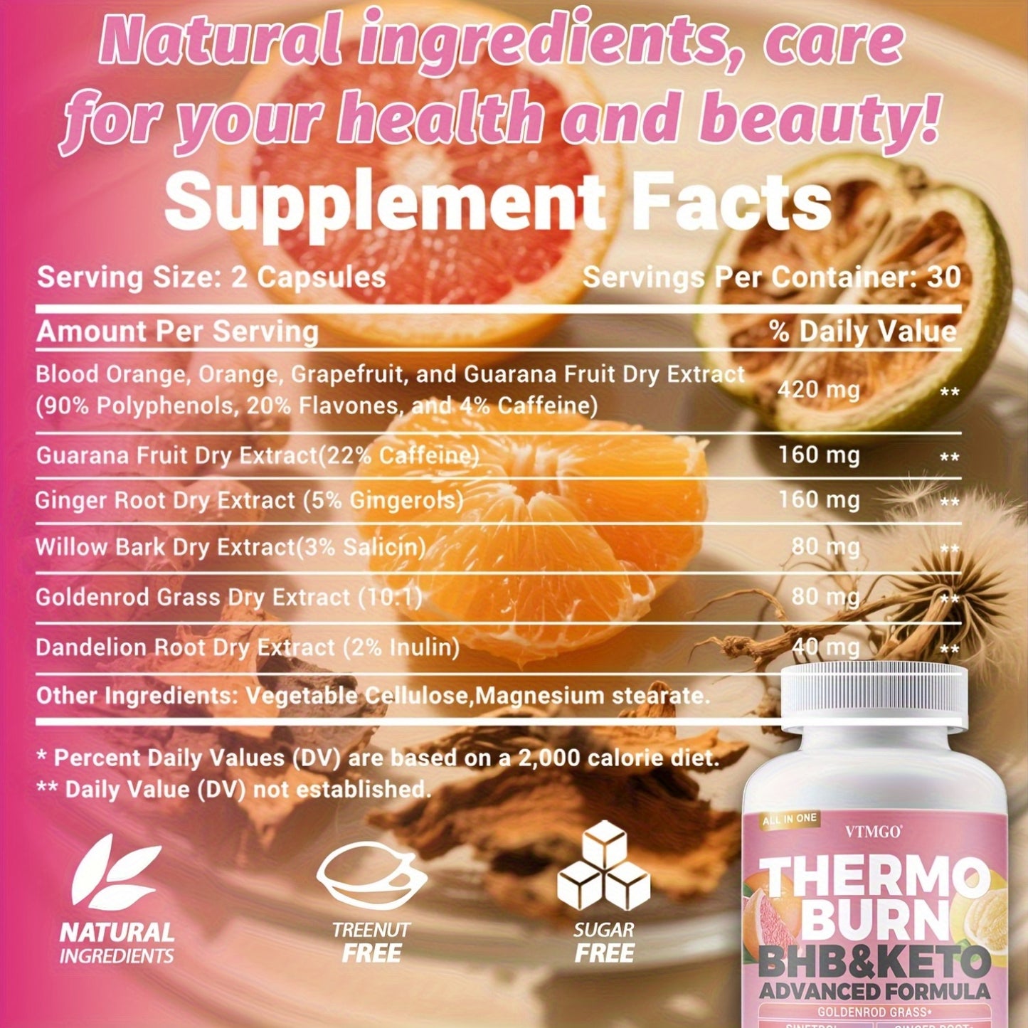 THERMO BURN Capsules Contain Caffeine, Flavonoids, Ginger Root, And Dandelion Root. Natural Ingredients Can Help You Maintain Your Figure And Help Through Metabolism - VTMGO