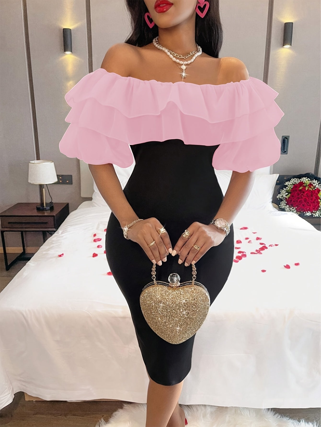 Women's Elegant Off-the-Shoulder Stretch Bodycon Dress with High Slit & Layered Ruffles - Solid Black, Machine Washable, All-Season Versatile for Casual to Formal Occasions, Evening Wear, Feminine Chic Style, Sleek Silhouette