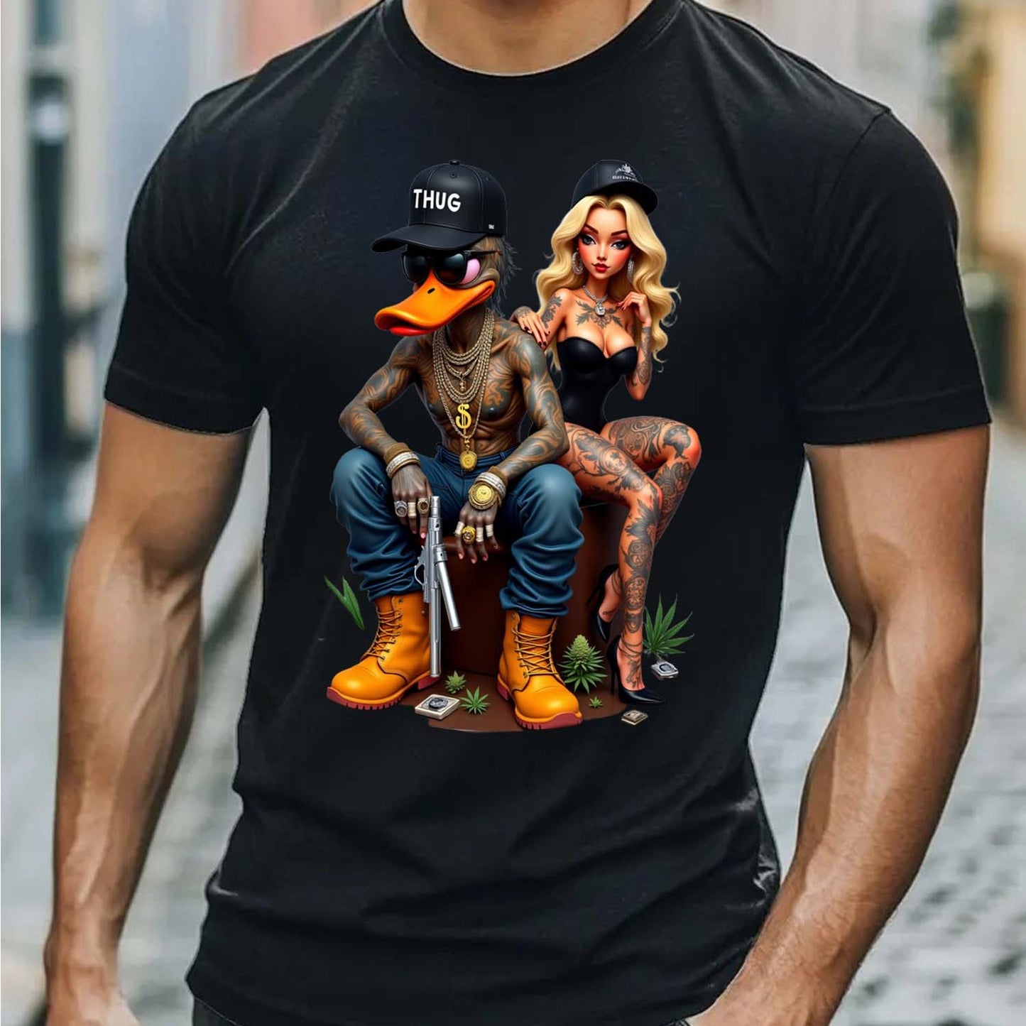 Duck and Lady Graphic T-Shirt - Unisex 100% Cotton Streetwear Tee with Duck & Lady Design, Golden Chains & Tattoos, Regular Fit Short Sleeve Round Neck Casual Shirt for Men & Women