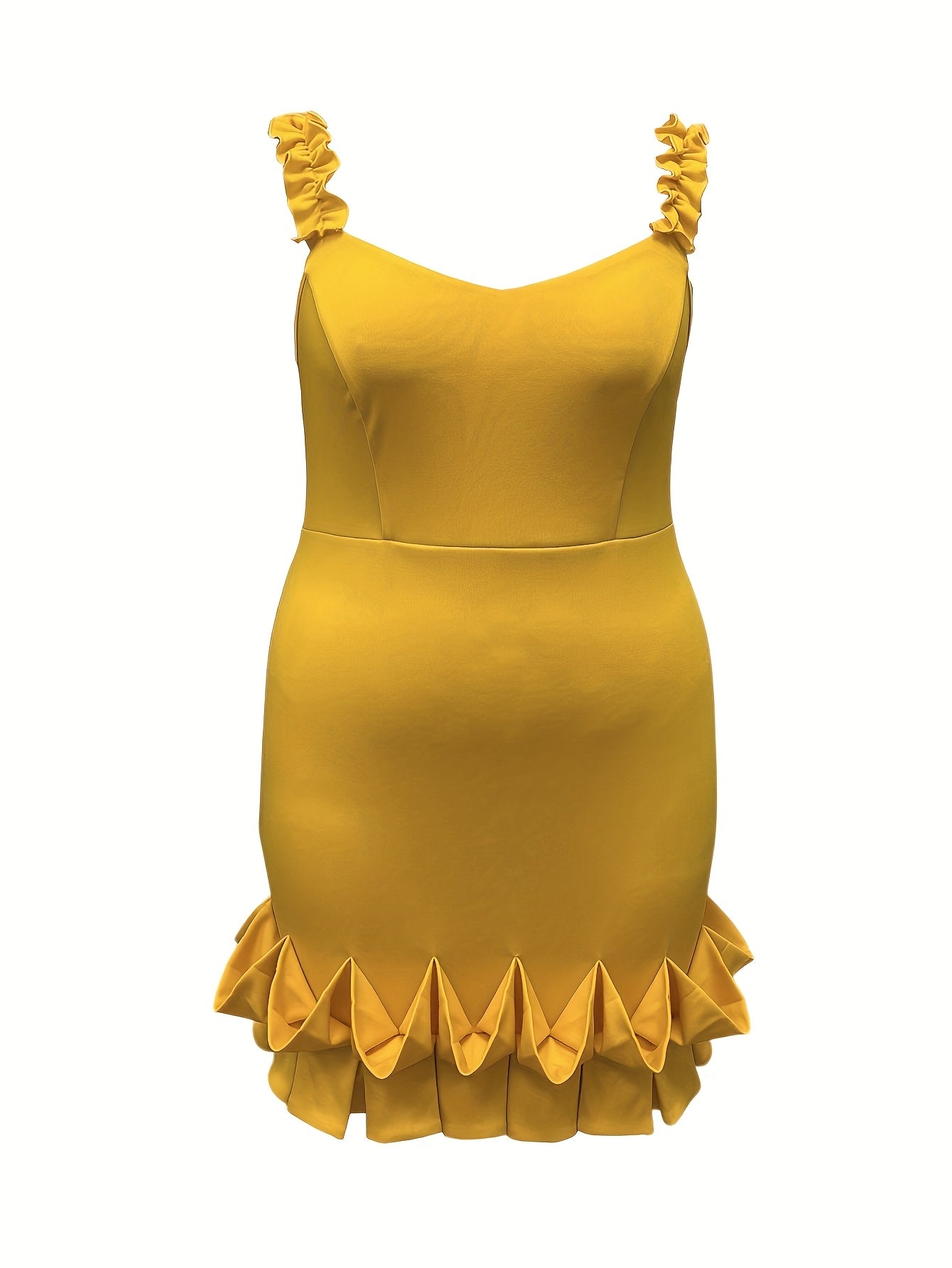 Plus Size, Women's Elegant Party dress - Sleeveless V-Neck Formal gown, Bright Mustard-Yellow, Machine Washable Evening & Cocktail dress for Women, Dresses for Party, Night Out Outfit, Ruffled Hem, Comfortable Fit, Fashion Lo