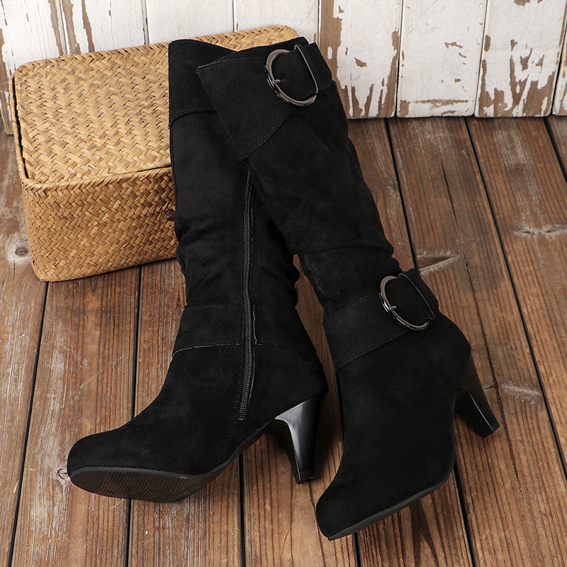 Chic Women's Mid-Calf Boots with Stiletto Heel - Side Zipper, Comfortable Fabric Lining, Rubber Sole - Perfect for Casual Outings