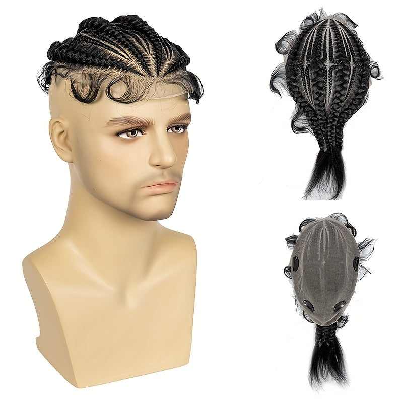 MaKI Men's Black Cornrow Braids Toupee - Easy-to-Wear High-Temp Synthetic Hair, Natural-Looking Daily Style for All Ethnicities, Braided Hair Piece