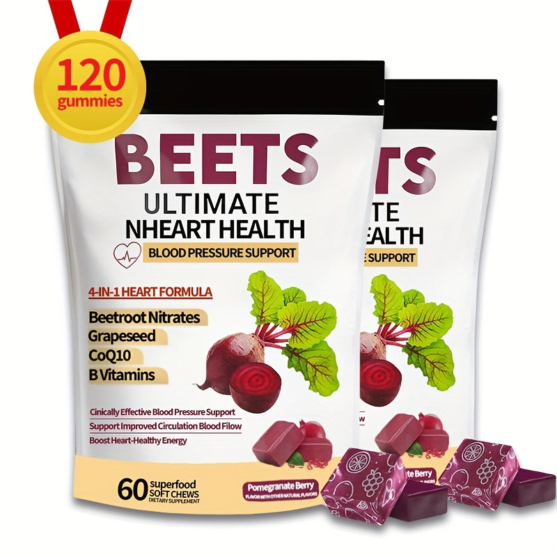 1/2pcs 4-in-1 Super Beetroot Gummies with CoQ10, Beetroot & Grapeseed - Blood Pressure & Heart Health Support, 60 Chewable Vitamins for Circulation, Blood Flow & Endothelial Function, Natural Fruit Flavor, One Month Supply (M