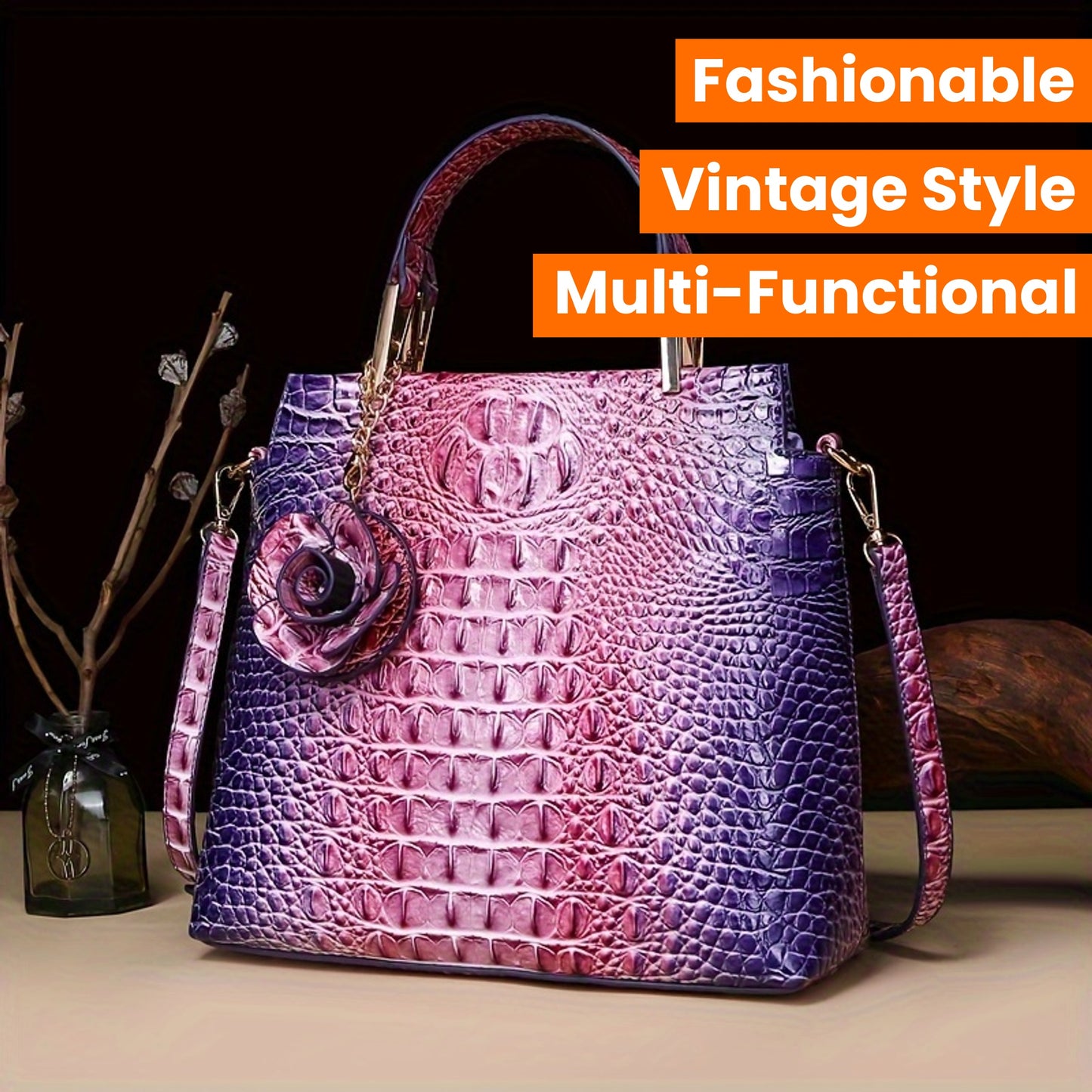 2pcs Crocodile Print Handbag Set - Fashionable Vintage Style, Multi-Functional Top Handle Crossbody, Business Clutch & Coin Purse - Spacious, Secure, Ideal for Everyday Chic