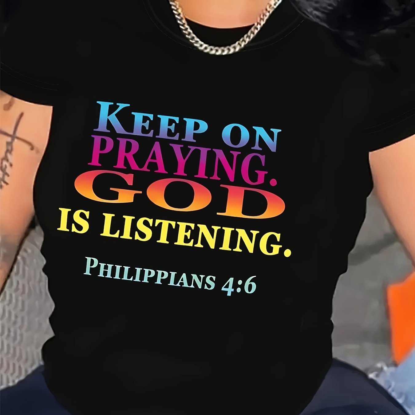 Women'S Polyester Crew Neck T-Shirt with "Keep on Praying, God is Listening" Print - Casual Christian Knit Tee with Alphabet Pattern - All Season Comfort