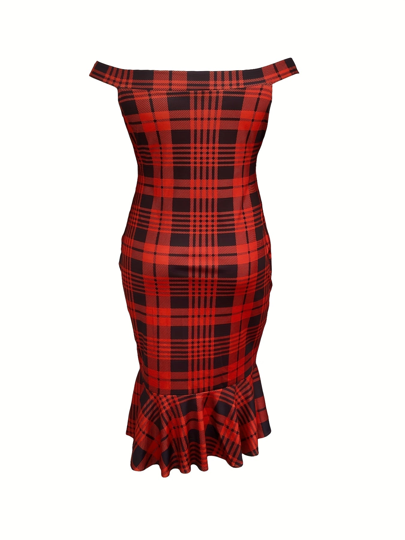Plus Size, Plus Size Women's Off-the-Shoulder Red & Black Plaid Bodycon Dress with Asymmetrical Ruffled Hem - Summer Casual to Party Wear, Machine Washable, Cute Bodycon Dress