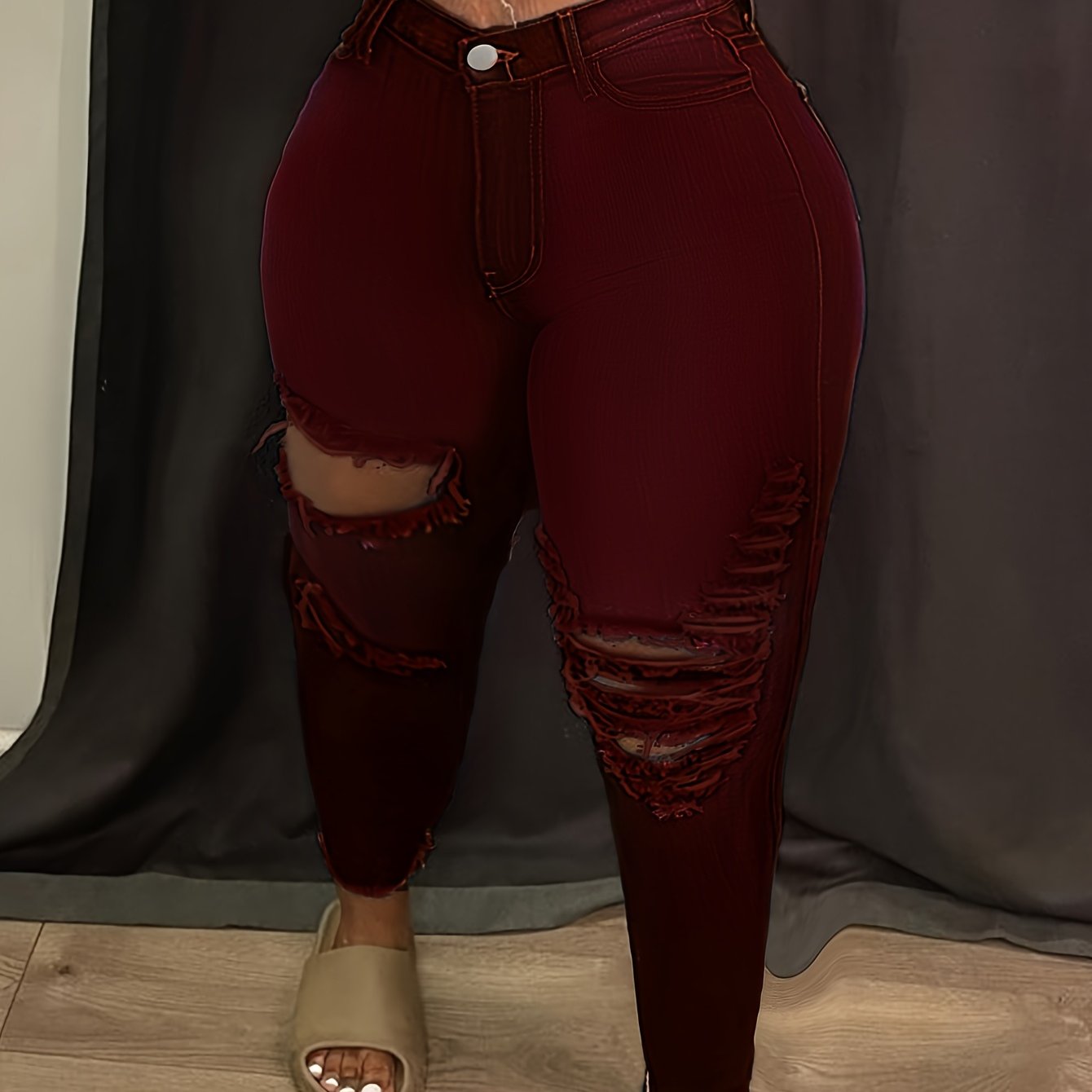 Y2K Women's High Elasticity Mid-Rise Ripped Skinny Jeans with Butt Lift - Plus Size Cropped Denim Pants, Stretchy Streetwear Style for All-Season Wear, Trendy Casual Outfit, Solid Color Design