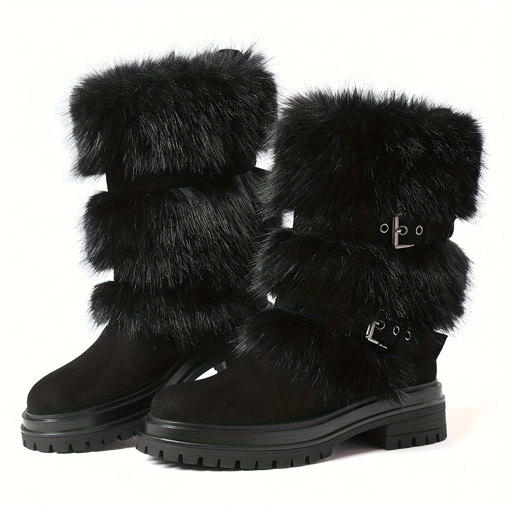 faux fur Mid-Calf Snow Boots for Women | Round Toe Platform Heel, Non-slip Pull On, Warm Shoes with Buckle Decor, Fluffy Furry, Comfortable Fashion Luxury Outfit, Outdoor Winter Booties Woman