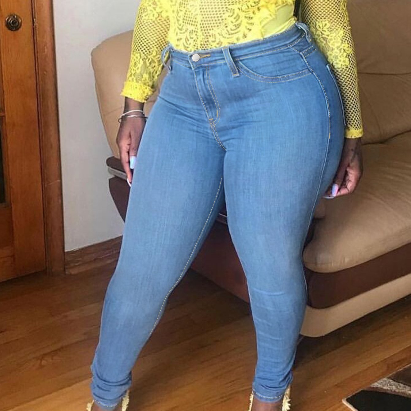 Plus Size Skinny Light Blue Jeans for Women Full Length Stretchy Denim Jeans Pants Full Length Pencil Denim Jeans Pants