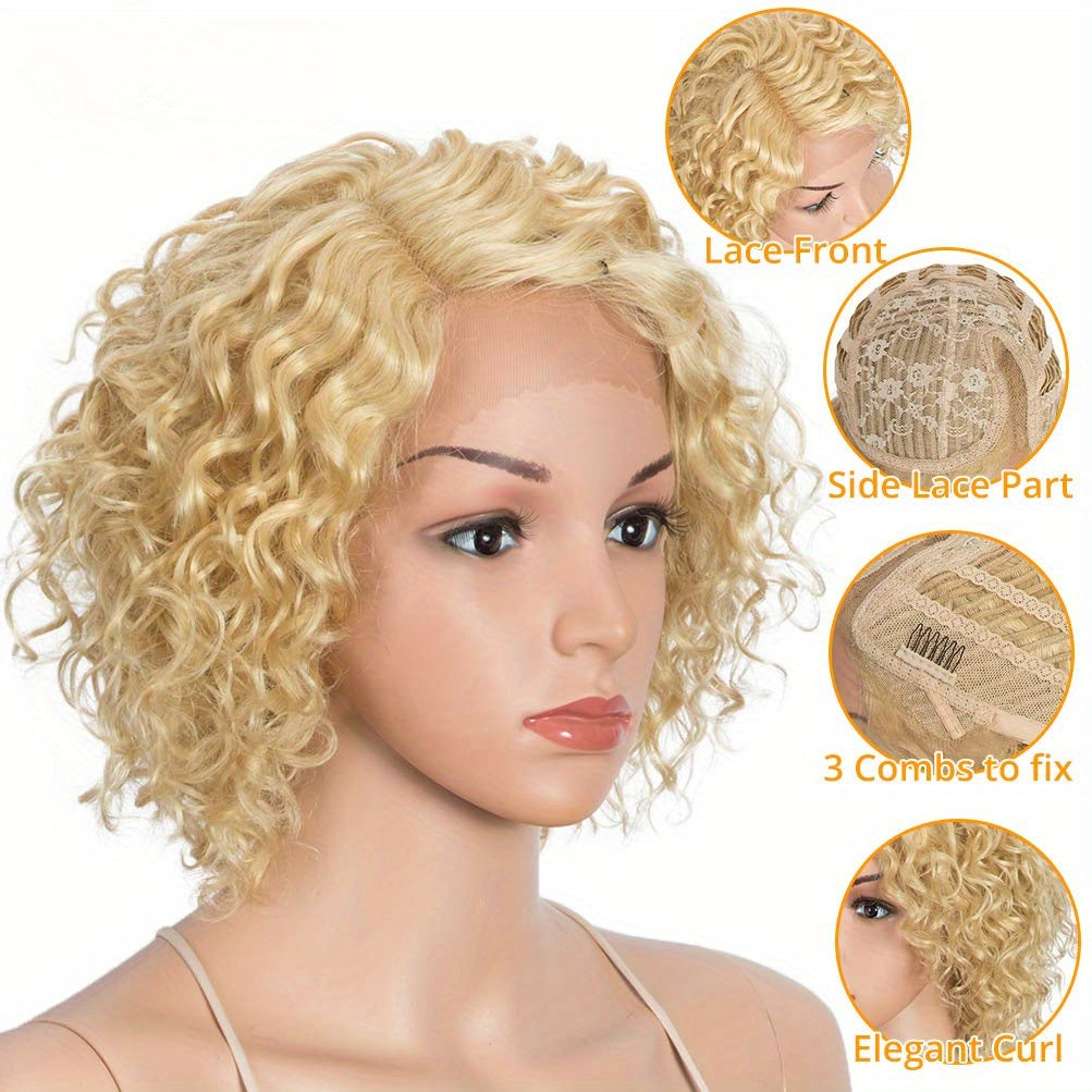 10" Human Hair Afro Wigs Short Curly Wigs for Black Women Lace Front Side Part Wigs (10 Inch, 613)