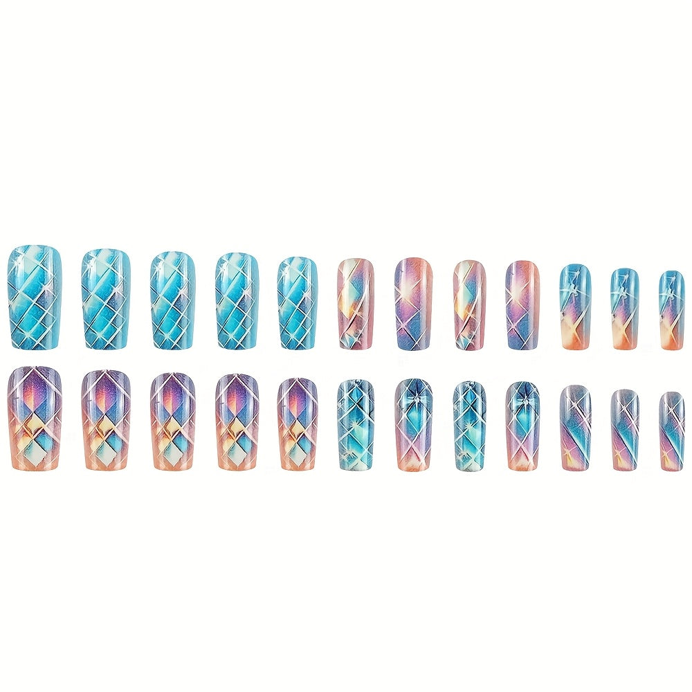 24pcs Glossy Long Coffin Press-On Nails - Pink to Blue Gradient with Stars & Pattern, French Style Reusable Fake Nails for Women and Girls