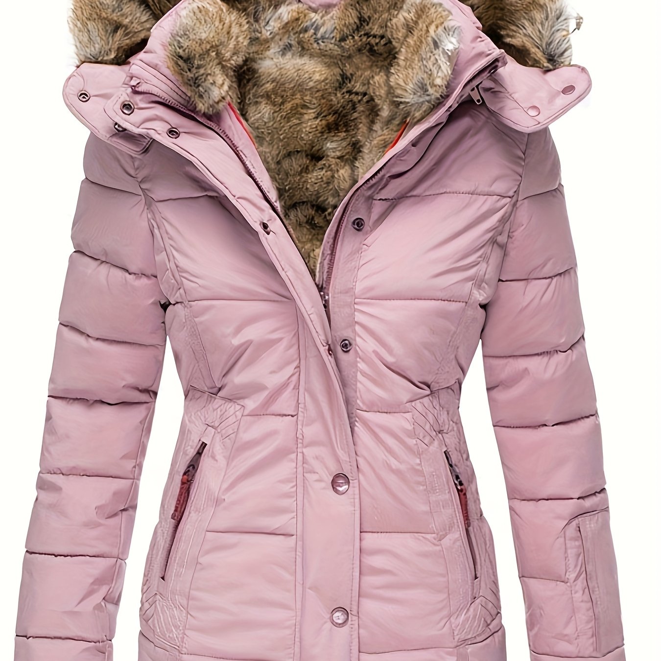 Plus Size - Women'S Winter Warm Hooded Coat with Luxurious Fur Collar & Full-Zip Closure - Slim-Fit Long Sleeve Jacket, Plus Size Cold-Weather Outerwear, /Navy, Casual to Formal Outfits, Non-Stretch Fabric, Easy On/Off Zipper