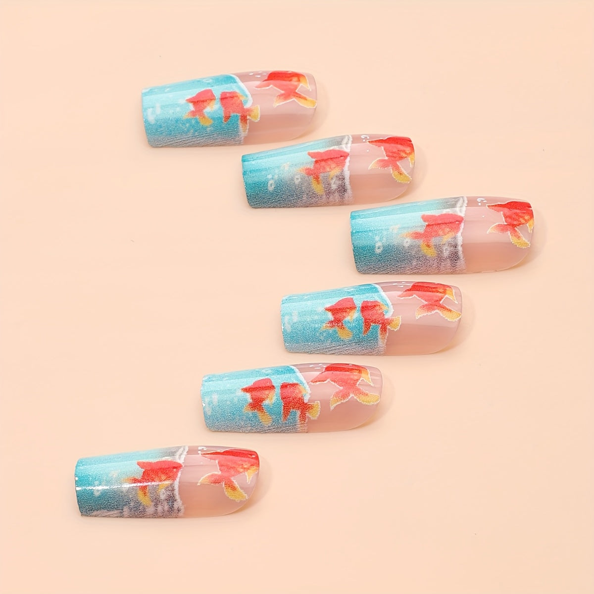 24pcs Square Medium-Length Press-On Nails - Fish Tank & Goldfish Design with Glossy Finish, Red & Teal Aquarium Theme, Includes Jelly Glue & Nail File for Easy Application, Goldfish Tank Decoration, Creative Beauty Accessory,