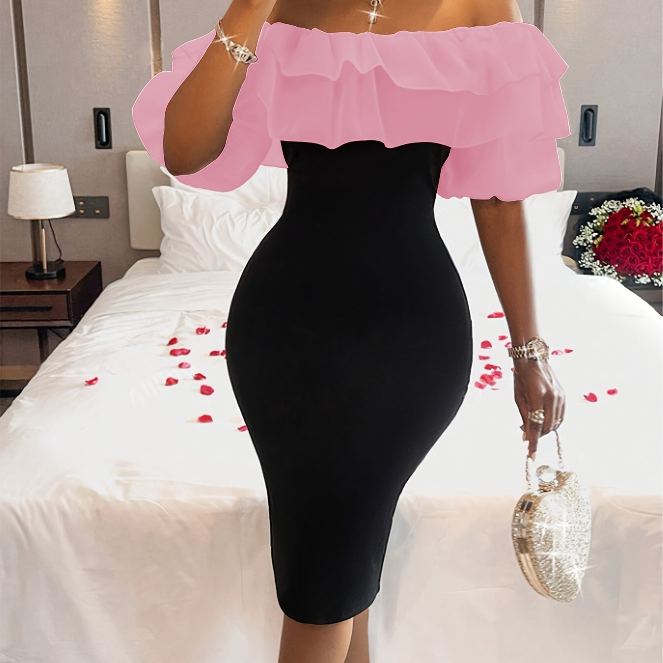 Women's Elegant Off-the-Shoulder Stretch Bodycon Dress with High Slit & Layered Ruffles - Solid Black, Machine Washable, All-Season Versatile for Casual to Formal Occasions, Evening Wear, Feminine Chic Style, Sleek Silhouette