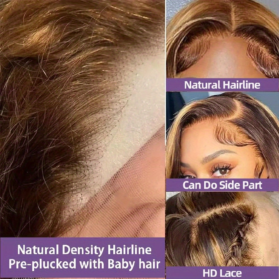 Ombre Honey Blonde 13x4 HD Glueless Lace Front Wig - 12 Inch Short Body Wave Human Hair Wig for, Pre-Plucked with Baby Hair & Bleached Knots, 250% Density, 4/27 Mixed Color, Fashion Accessory