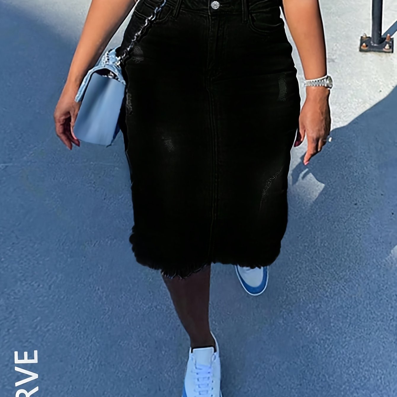 Plus Size Women's Stretchy High Waisted Bodycon A-Line Denim Skirt - Sexy Casual Mini Skirt with Back Slit & Raw Hem, Machine Washable, Pockets, Solid Black for Spring/Summer/Fall, High Waisted Skirt, Seasonal Fashion, Stylis